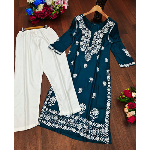 Ladies Heavy Rayon Cotton Fabric With Chicken Kari Style Embroidery Work Kurti