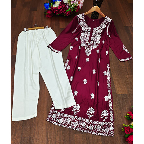 Fancy Heavy Rayon Cotton Fabric With Chicken Kari Style Embroidery Work Kurti