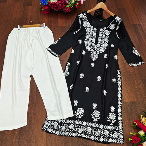 Washable Black Heavy Rayon Cotton Fabric With Chicken Kari Style Embroidery Work Kurti