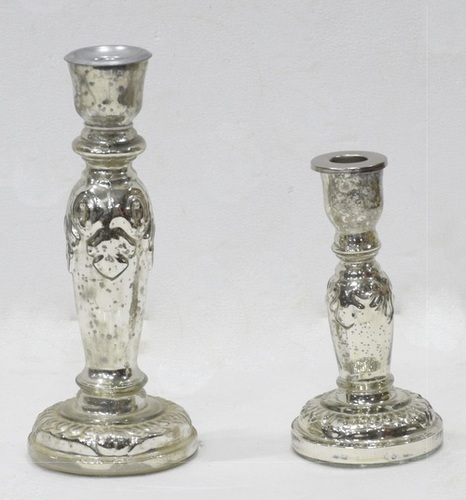 Set of 2 Silver Antique Glass Candle Holder