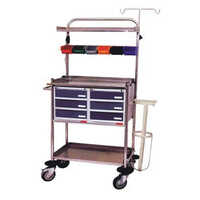 Hospital Crash Cart Trolley - Stainless Steel Framework, 940mml X 500mmw X 1535mmh | Six Removable Bins, Casters With Brake, Oxygen Cylinder Holder