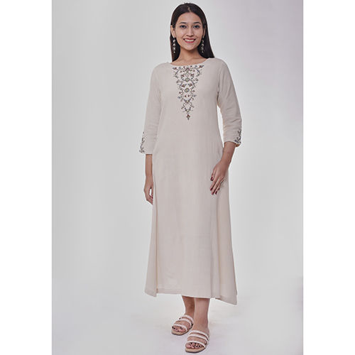 Beige Neck Embroidered Calf Length Dress