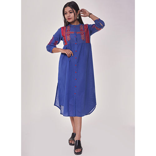 Blue Kurta With Red Wmbroidery