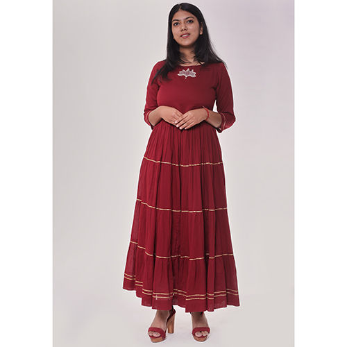 Maroon Tired Dress With Lotus Embroidery Age Group: Adult