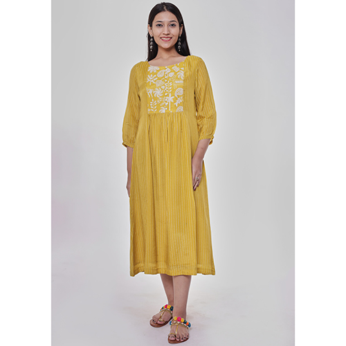 Mustard And White Yoke Attractive Look Ladies Dress