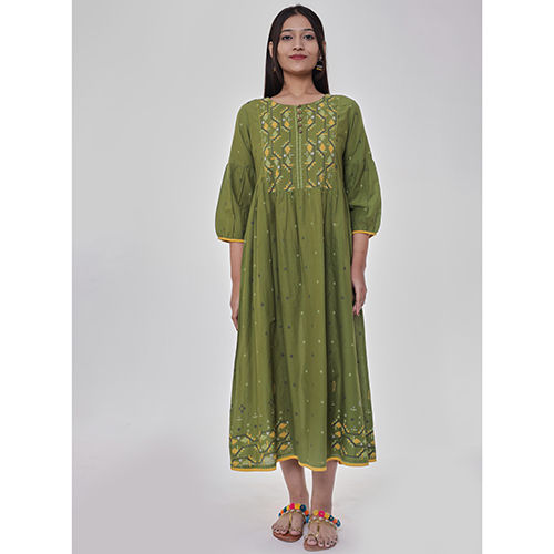 Olive Green Mustard Print Ethnic Dress