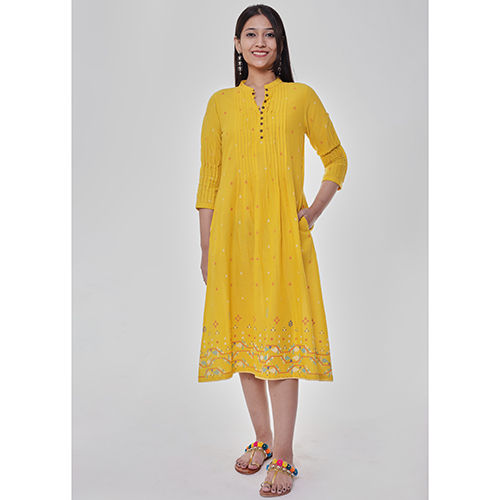 Yellow Pintucked Ethnic Dress