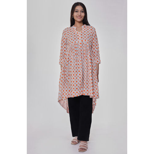 Orange Jaal Printed Cotton High Low Jacket