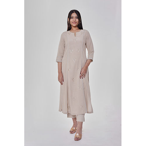 Beige On Beige Embroidered Straight Kurta