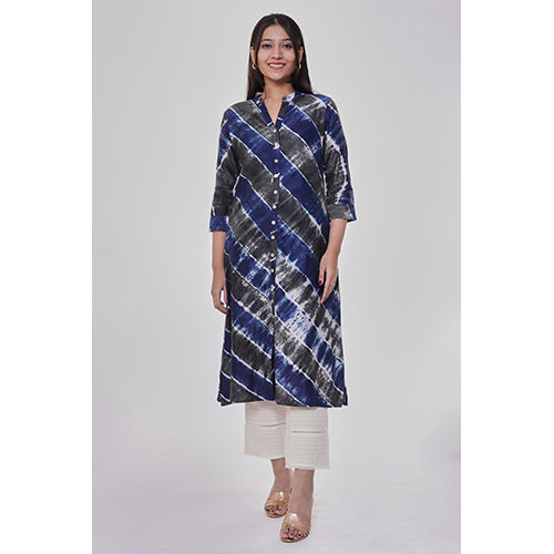 Washable Grey And Blue Tie Dye Straight Ladies Kurta