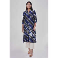 Washable Grey And Blue Tie Dye Straight Ladies Kurta