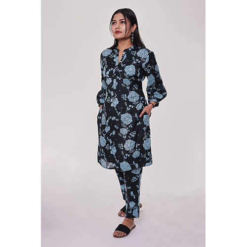 Washable Navy And Sky Blue Floral Kurta Co-Ord Set