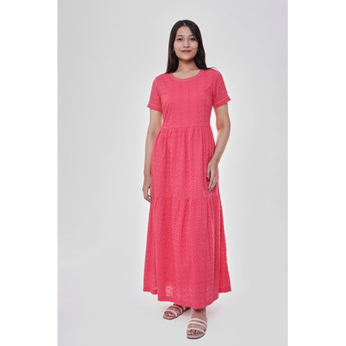 Plain Corel Pink Tiered Maxi Dress