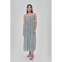 Washable Mint Allover Printed Spaghetti Dress