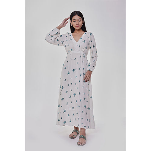 White Printed V Neck Modest Dress