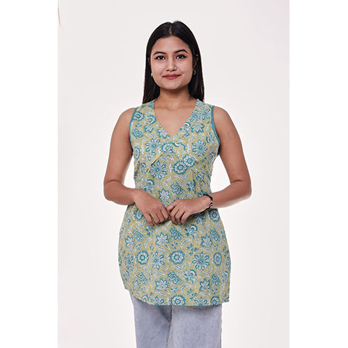 Washable Green Printed Sleveless Tunic