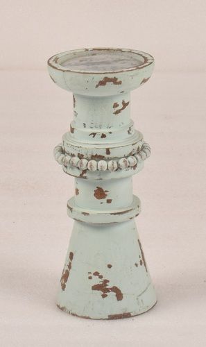 White Wash Wooden Candle Holder With Beads