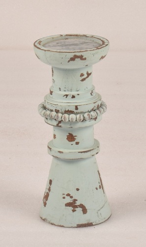 White Wash Wooden Candle Holder With Beads