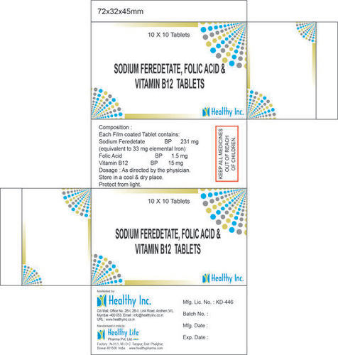 Sodium Feredetate 231mg (equivalent to 33 mg elemental Iron ) + Folic Acid 1.5mg + Vitamin B12 15mg