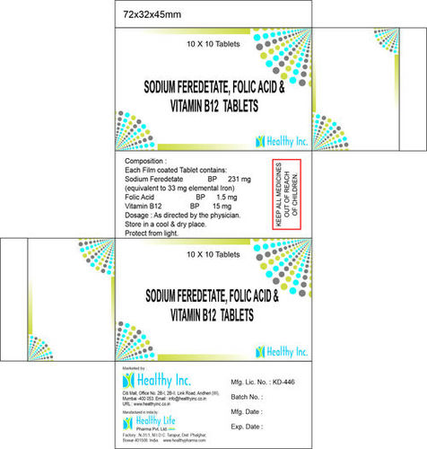 Sodium Feredetate 231mg (equivalent to 33 mg elemental Iron ) + Folic Acid 1.5mg + Vitamin B12 15mg