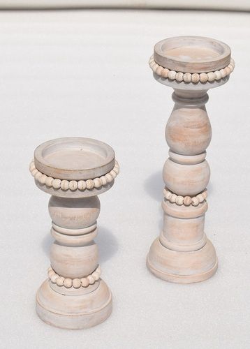 Wooden Set Of 2 Candle Holder With Beads