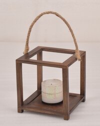 Wooden Square Candle Holder With Jute Handle - Color: Brown