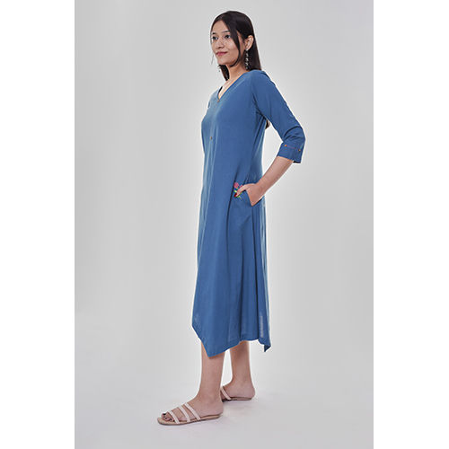 Rose Cotton Embroidered Plain Blue Dress