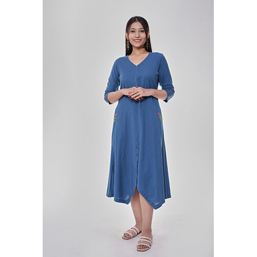 Rose Cotton Embroidered Plain Blue Dress