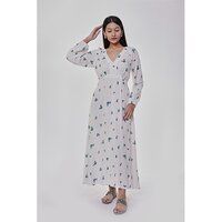 White Printed V Neck Modest Dress