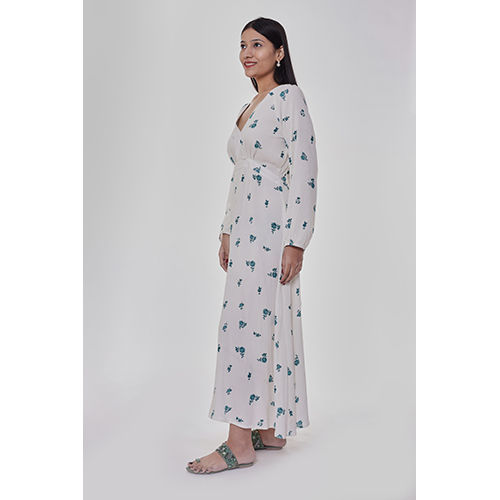 White Printed V Neck Modest Dress