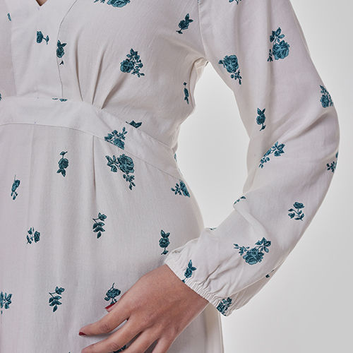 White Printed V Neck Modest Dress