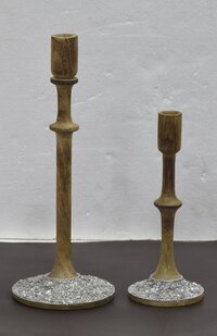 Set Of 2 Wooden Candle Holder With White Beads - Color: Brown