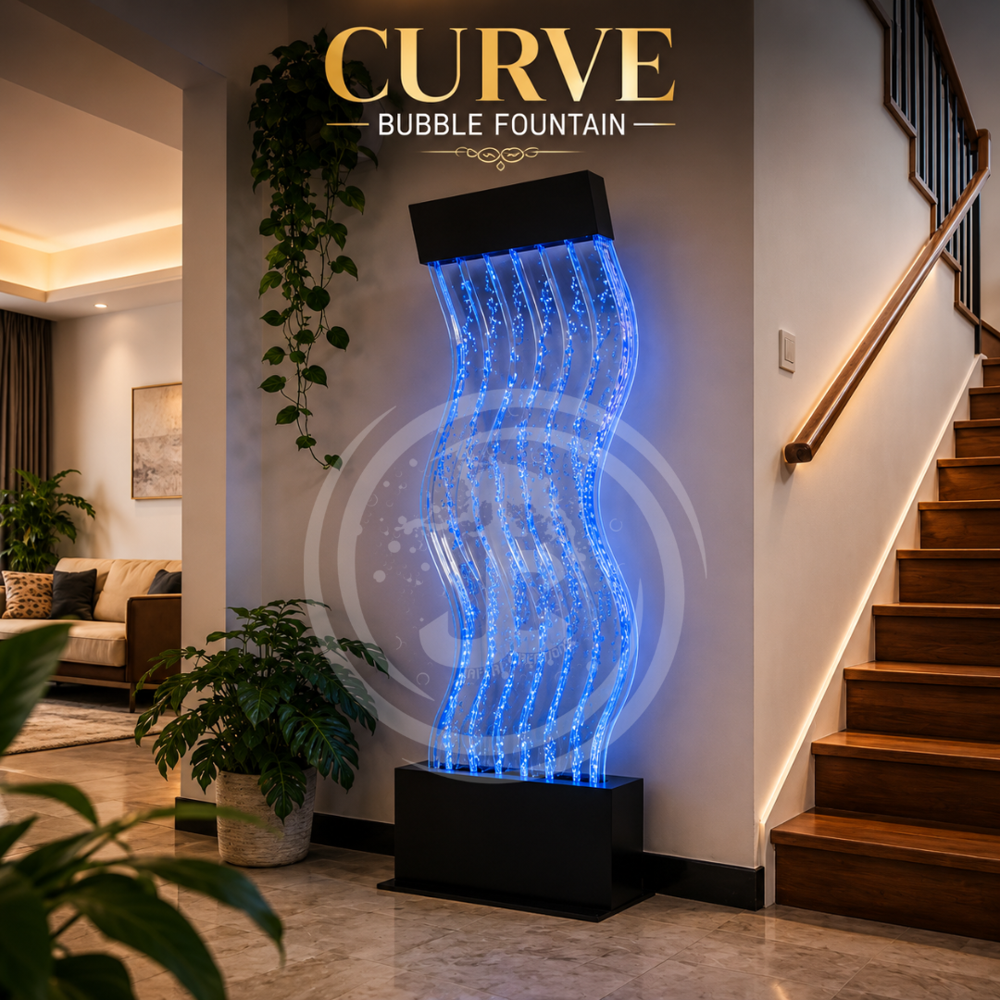 Acrylic Curved Bubble Wall with Pillar - 8x4 ft | Mesmerizing Water Flow, Contemporary Design, Tranquil Art Piece for Home and Commercial Spaces