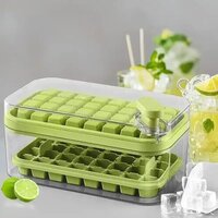 2 Layer Ice Cube Tray With Bin - Dual-layer Design, 64 Compartments For Maximum Ice Production, Efficient Freezer Space Utilization