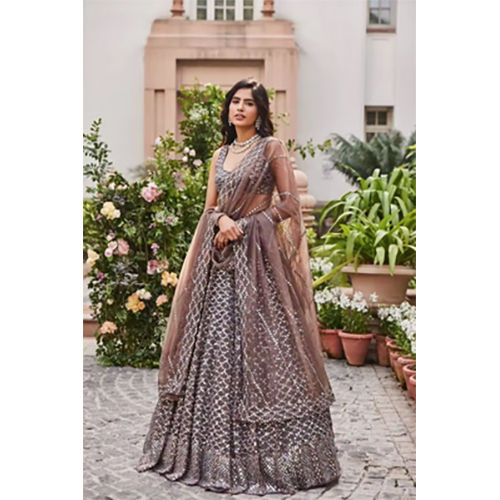 Georgette Bridal Thread Sequence Embroidered Work Semi Stitched Lehenga Choli