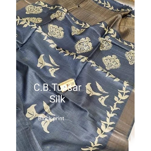 Block Print Tussar Silk Saree