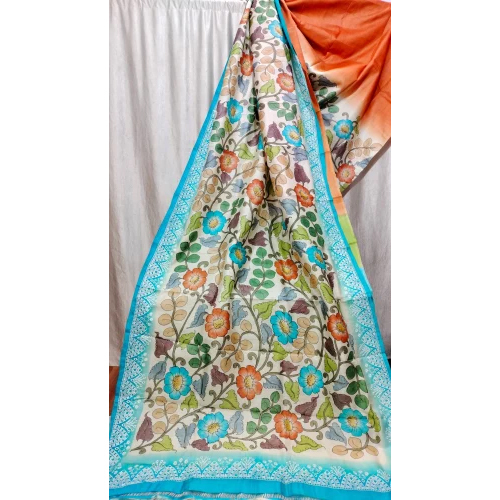 Tussar Silk Chikankari Kalamkari Hand Painting Saree