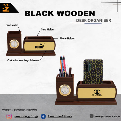 Brown Rectangular Wooden Desk Organiser