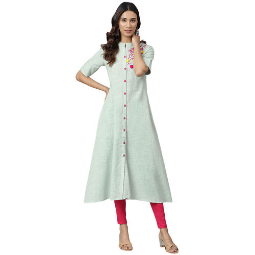 Ladies Anarkali Kurti - Cotton, Size S to XXL, Elegant Green Color | Casual, Formal, Daily Wear, Quick Dry, Embroidered Design, 3-4th Sleeve