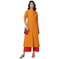 Ladies Fancy Kurti - Cotton Fabric, Size S To Xxl, Mustard Color, 3/4 Sleeve, Embroidered Pattern | Quick Dry, Washable, Water Proof, Casual To Formal Wear