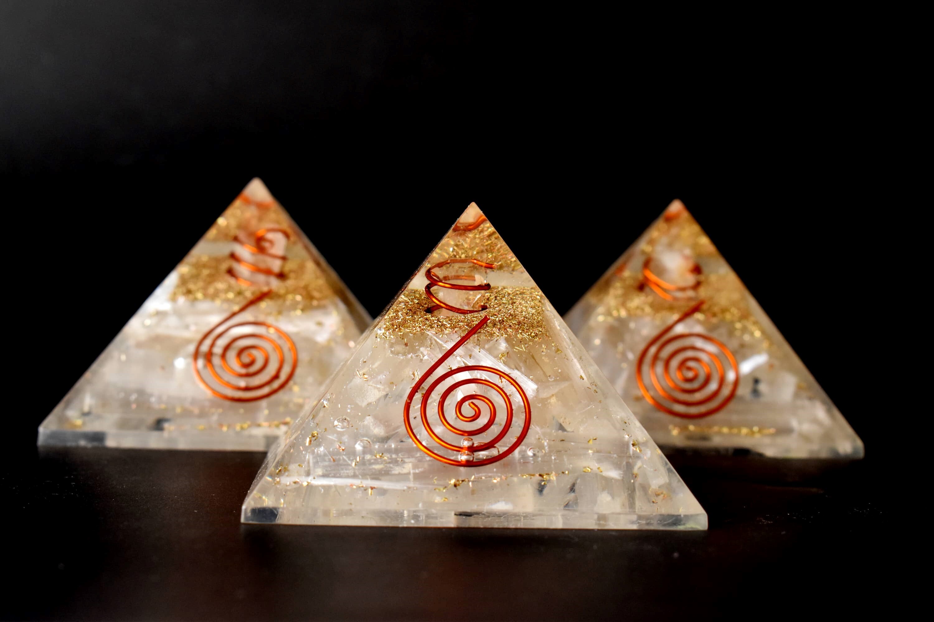 Selenite Orgone pyramid with Clear Quartz Crystal Pencil