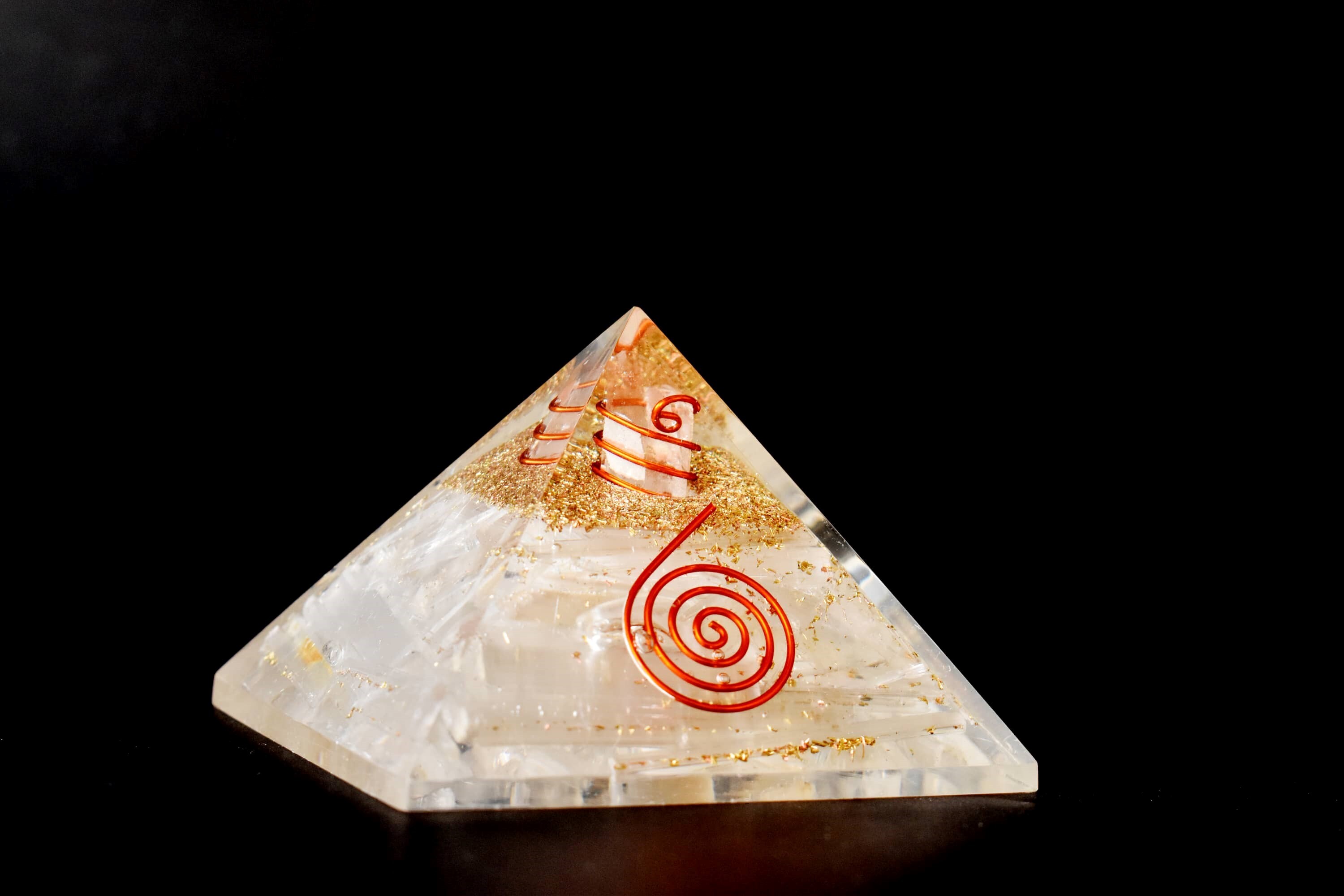 Selenite Orgone pyramid with Clear Quartz Crystal Pencil