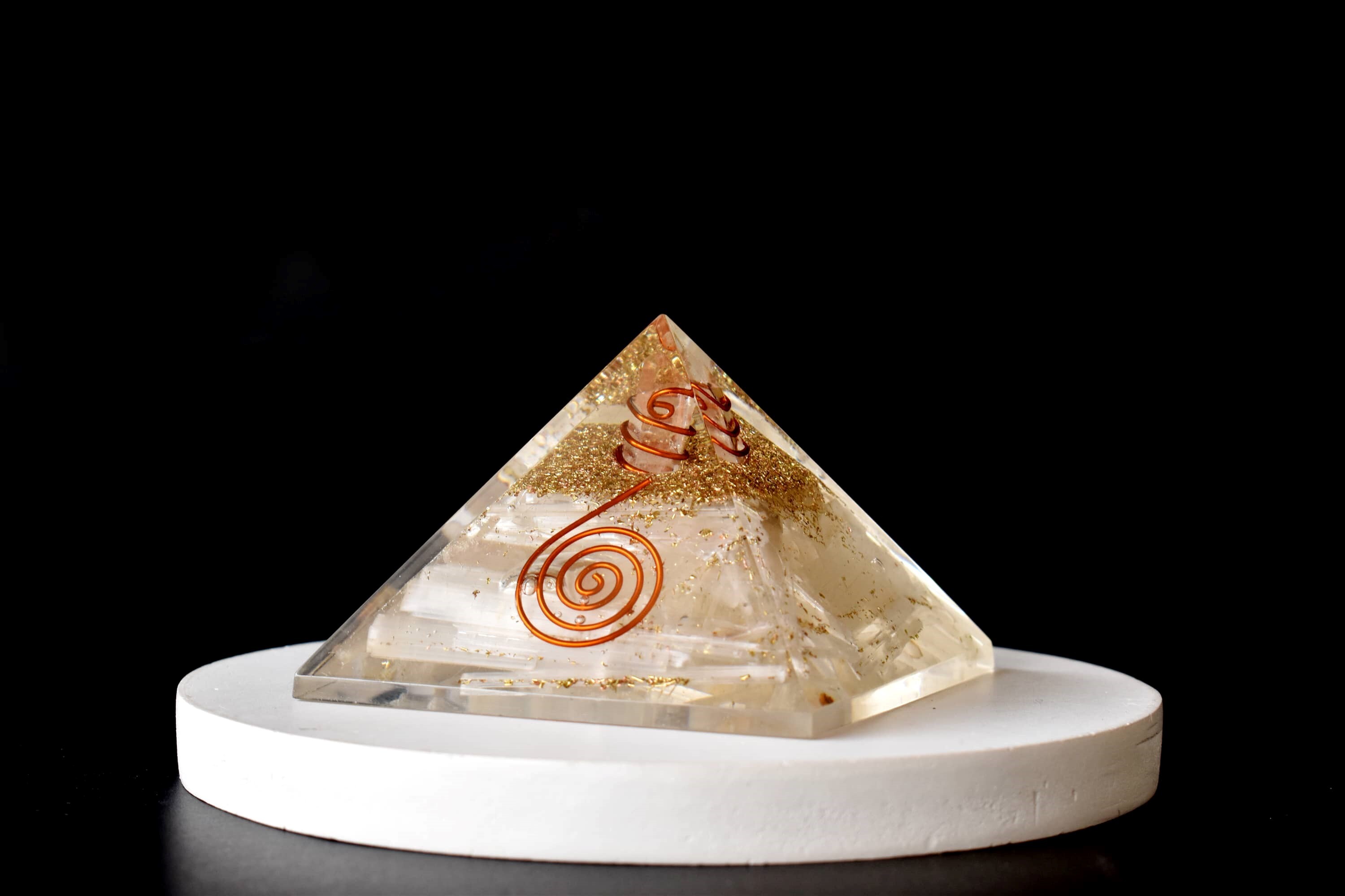 Selenite Orgone pyramid with Clear Quartz Crystal Pencil