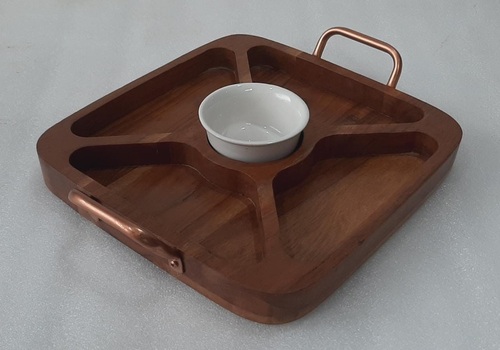 Wooden Chip & Dip tray Metal Handle With Copper Finish