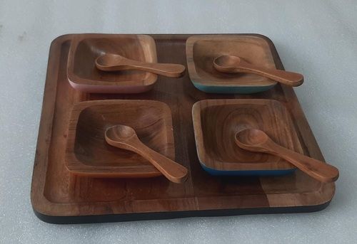 Wooden Square Chip & Dip Tray With 4 Bowls