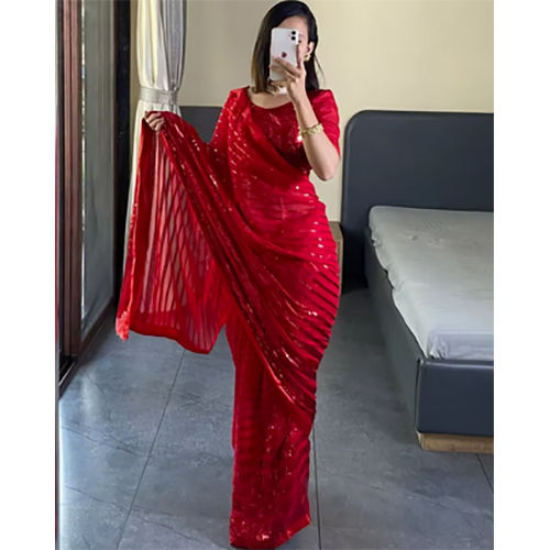 Red Color Bollywood Sequins Beautiful Designer Georgette Saree