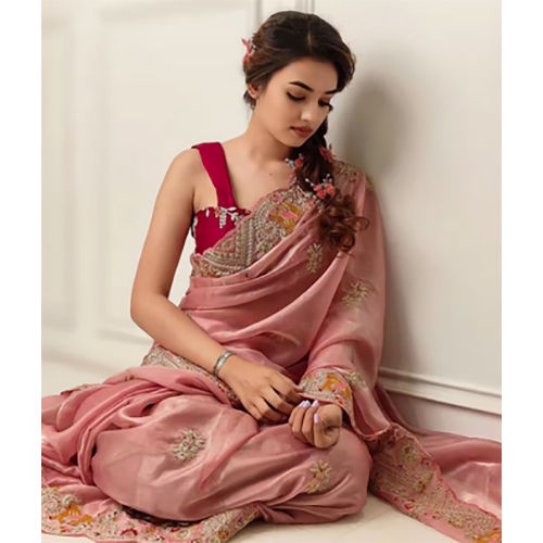 Party Wear Printed Organza Satin Saree With Blouse