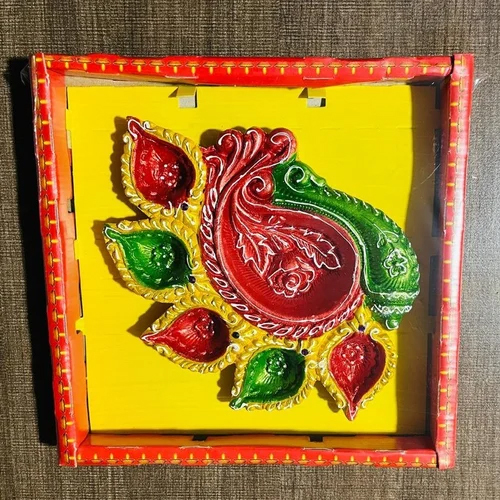 Printed Red and Green Clay Diya