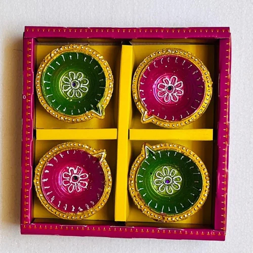 Flower Printed Clay Diya Set