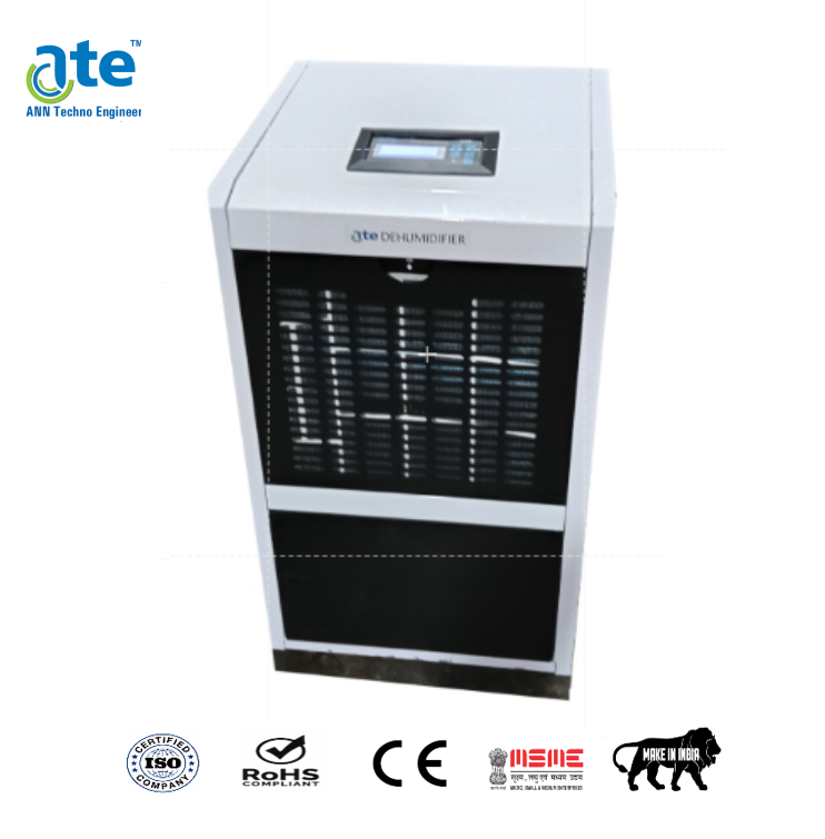 Industrial Refrigerant Dehumidifier 90l-day - Gi Powder Coated & Ss304, 480 X 450 X 1050mm | 1300w, Auto Humidity Control, Digital Panel, Continuous Drain Option, 7l Tank